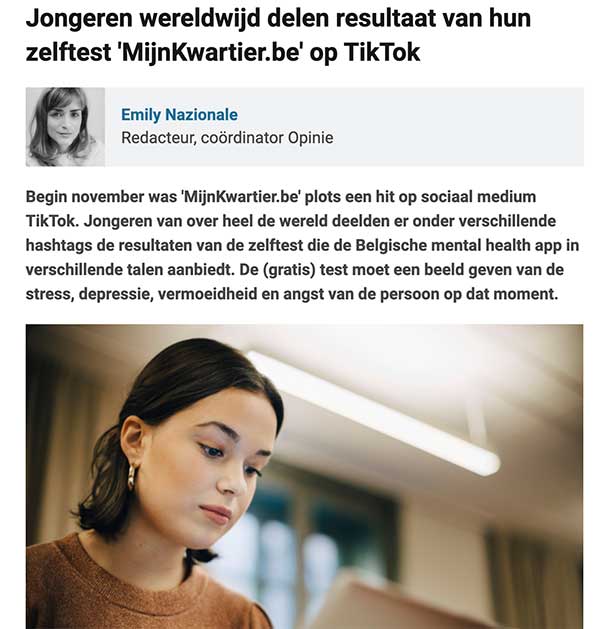 Jongeren wereldwijd delen resultaat van hun zelftest 'MijnKwartier.be' op TikTok (artikel in de Artsenkrant)