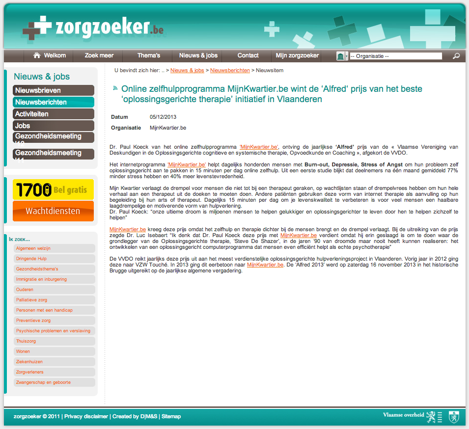 Online zelfhulpprogramma MijnKwartier.be wint de "Alfred" prijs van het beste "oplossingsgerichte therapie" initiatief in Vlaanderen